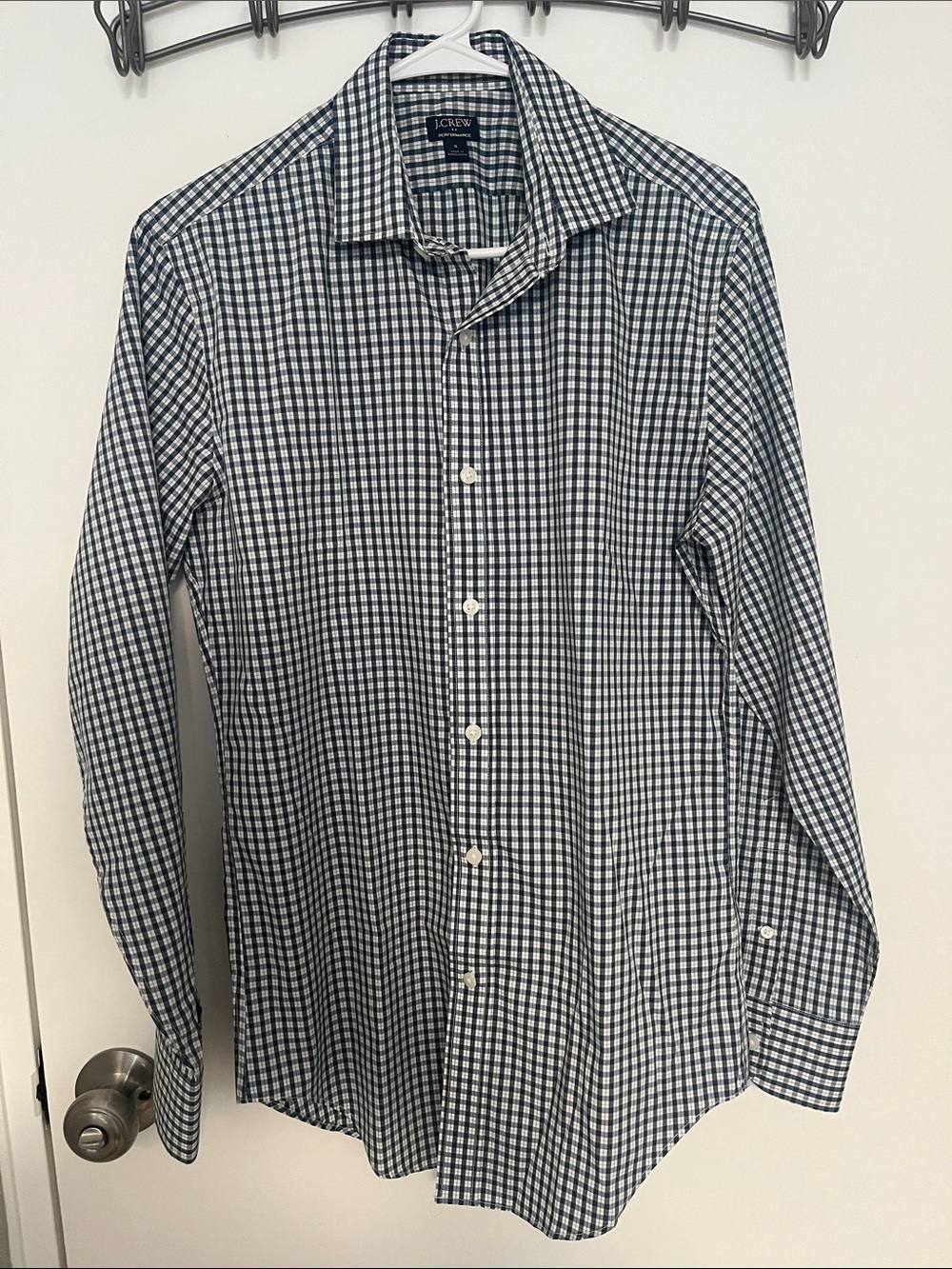 J. Crew Men's Navy and White Gingham Dress Shirt